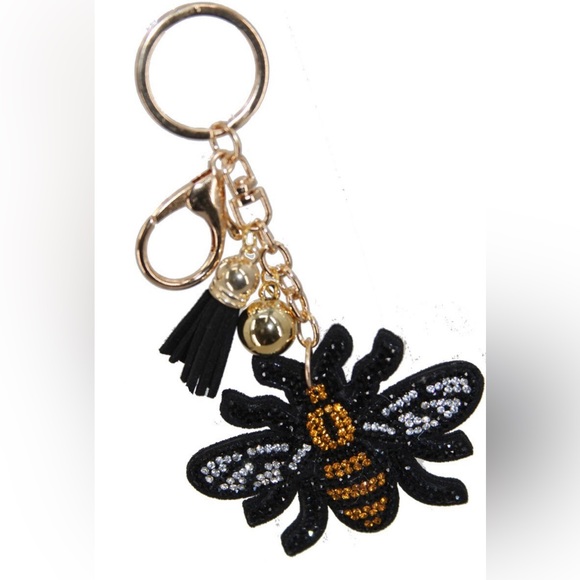 NWT Yellow & Black Crystal Bee Tassel Puff Keychain w/Tassel - Picture 1 of 6